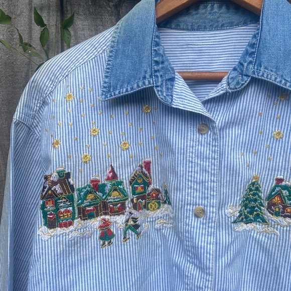 Vintage Christmas Denim Buttondown Shirt|cottagecore Christmas village Holiday - Picture 1 of 10